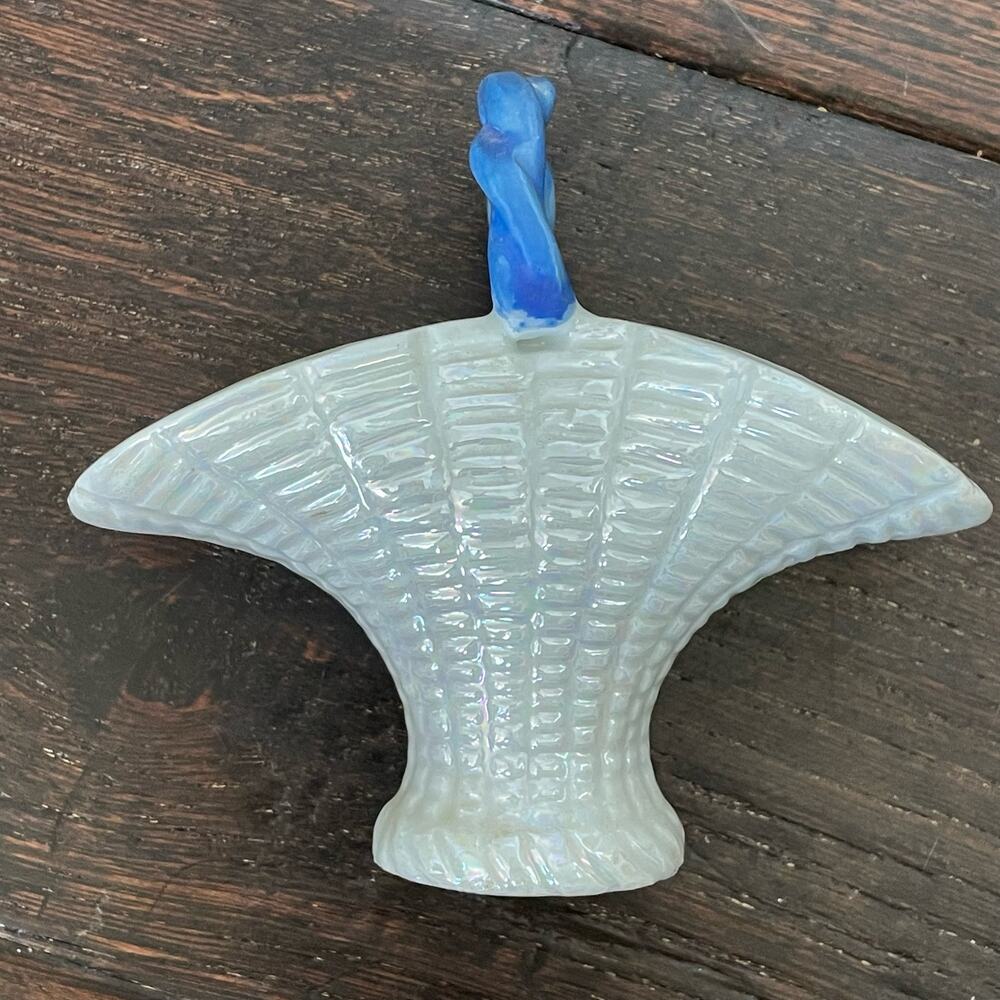Vintage Porcelain Basket Iridescent White w/ Blue Handle Ceramic Mini Japan